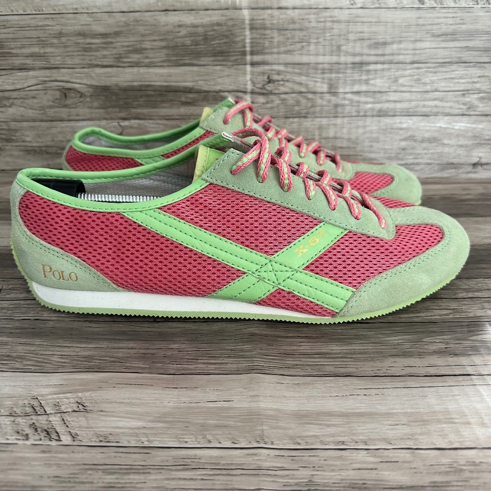 Ralph Lauren Womens Polo Sport Pique Runner Sneakers Pink Green Shoes Size 10
